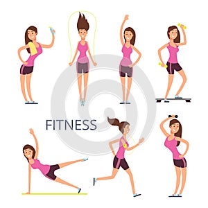 Cartoon sport young woman characters, fitness girl isolated on white background