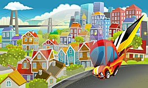 Cartoon sports car speeding in the city illustration