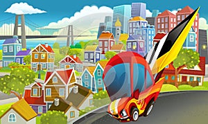 Cartoon sports car speeding in the city illustration