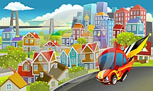 Cartoon sports car speeding in the city illustration