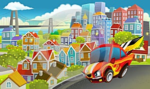 Cartoon sports car speeding in the city illustration