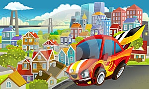 Cartoon sports car speeding in the city illustration