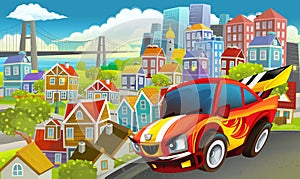 Cartoon sports car speeding in the city illustration