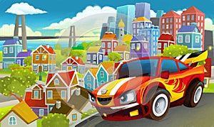 cartoon sports car speeding in the city illustration artistic painting scene