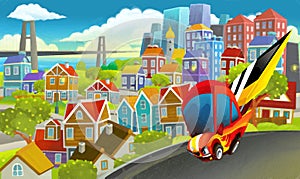 cartoon sports car speeding in the city illustration artistic painting style