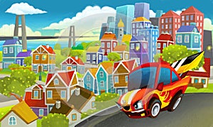 cartoon sports car speeding in the city illustration artistic painting style