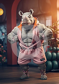 Cartoon sporty rhinoceros training in the gym, AI