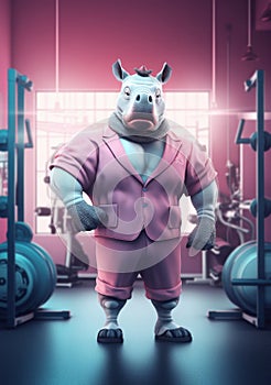 Cartoon sporty rhinoceros training in the gym, AI