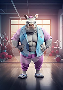 Cartoon sporty rhinoceros training in the gym, AI