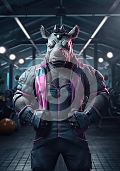 Cartoon sporty rhinoceros training in the gym, AI