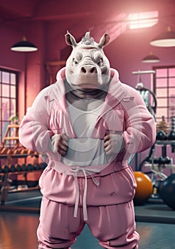 Cartoon sporty rhinoceros training in the gym, AI