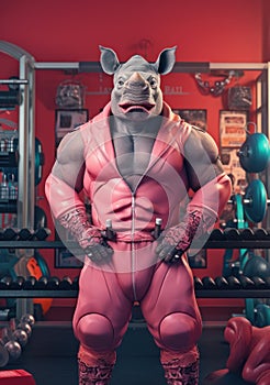 Cartoon sporty rhinoceros training in the gym, AI