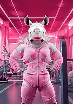 Cartoon sporty rhinoceros training in the gym, AI
