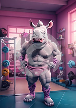 Cartoon sporty rhinoceros training in the gym, AI