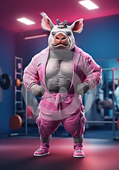 Cartoon sporty rhinoceros training in the gym, AI