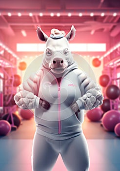 Cartoon sporty rhinoceros training in the gym, AI