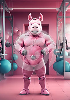 Cartoon sporty rhinoceros training in the gym, AI