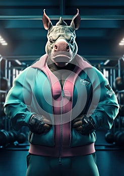 Cartoon sporty rhinoceros training in the gym, AI