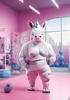 Cartoon sporty rhinoceros training in the gym, AI