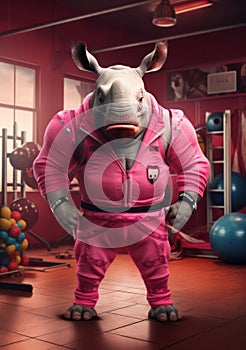 Cartoon sporty rhinoceros training in the gym, AI