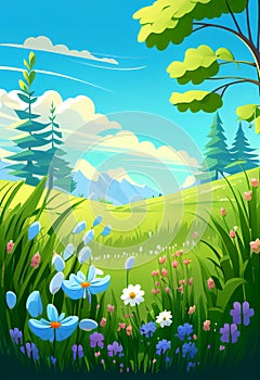 Cartoon spring country meadow landscape background of a springtime green pasture field with a blue summer sky
