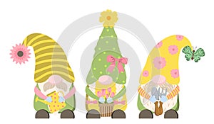 Cartoon spring gardening gnomes holding watering can, flowers in a basket, gardening tools