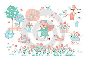 Cartoon spring landscape with a girl on a scooter and a dog.
