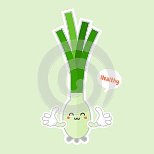 Cartoon spring onion with face. Funny illustration of a happy vegetable. Vector scallions character and hand lettering. Childish