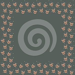 Cartoon square frame of cheerful baby dorcas gazelle heads, and white circles on a gray background. The empty template of African