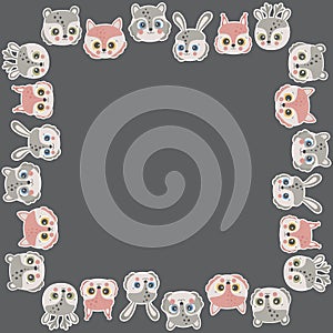 Cartoon square frame for text of cute faces of forest animals with ruddy cheeks and white outline on a dark background. Border of