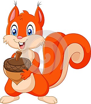 Cartoon squirrel holding pinecone isolated on white background photo