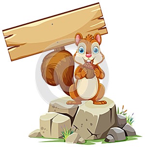 Squirrel holding a wooden sign on a rock