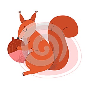 Cartoon Squirrel Playing with Acorn Vector Illustration