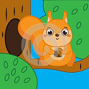 Cartoon squirrel sitting on tree branch holding hazelnut