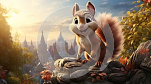 Cartoon squirrel standing on rock. Generative AI.
