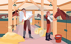 Cartoon stable inside scene, woman and man love and care, feed animals with hay in wooden cabins, guy working with