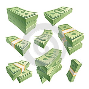 Cartoon stack banknotes. Stacks cash green money, dollar bills, stacking dollar banknote, pile cashs paper currency