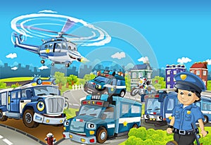 Cartoon stage with different machines for police duty and policeman - colorful and cheerful scene