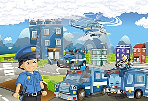 Cartoon stage with different machines for police duty and policeman - colorful and cheerful scene