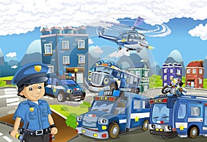 Cartoon stage with different machines for police duty and policeman - colorful and cheerful scene