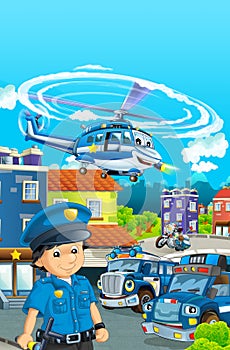 Cartoon stage with different machines for police duty and policeman - colorful and cheerful scene