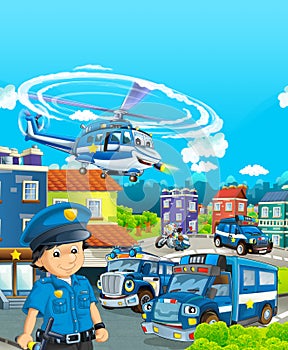 Cartoon stage with different machines for police duty and policeman - colorful and cheerful scene