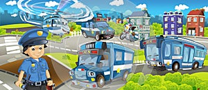 Cartoon stage with different machines for police duty and policeman - colorful and cheerful scene