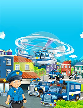 Cartoon stage with different machines for police duty and policeman - colorful and cheerful scene