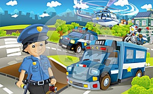 Cartoon stage with different machines for police duty and policeman - colorful and cheerful scene