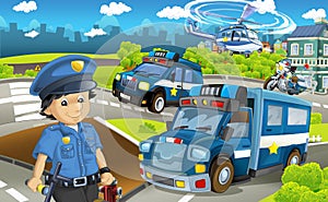 Cartoon stage with different machines for police duty and policeman - colorful and cheerful scene