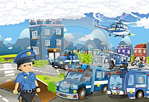 Cartoon stage with different machines for police duty and policeman - colorful and cheerful scene