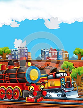 Cartoon stage with different trains machines older locomotive and newer train colorful and cheerful scene