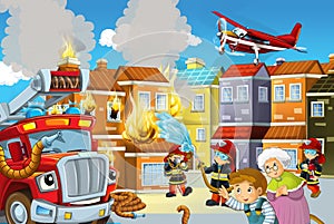 Cartoon stage with fireman and fire truck and flying machine near burning building colorful scene - illustration