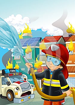 Cartoon stage with fireman near burning building scared ambulacne is watching colorful scene